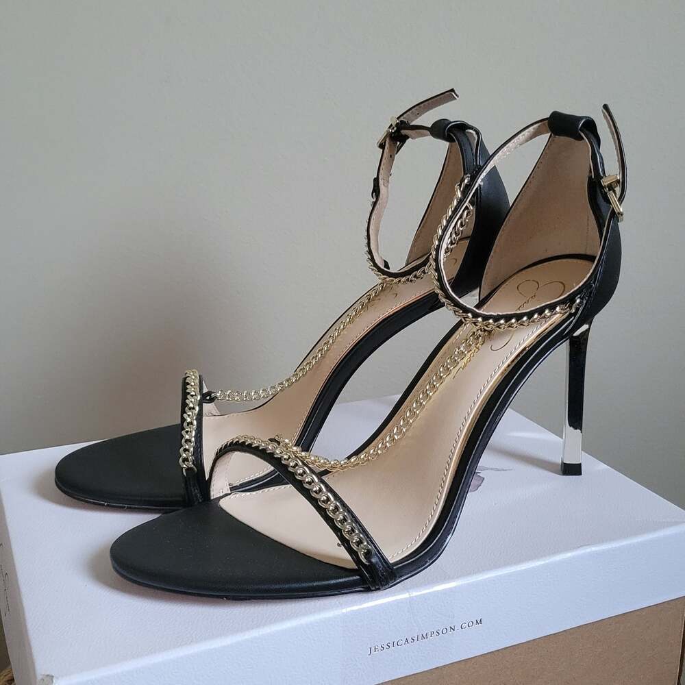 Jessica Simpson Qiven Chain T-Strap Dress Sandals,Black/Gold,9.5 - Picture 11 of 16